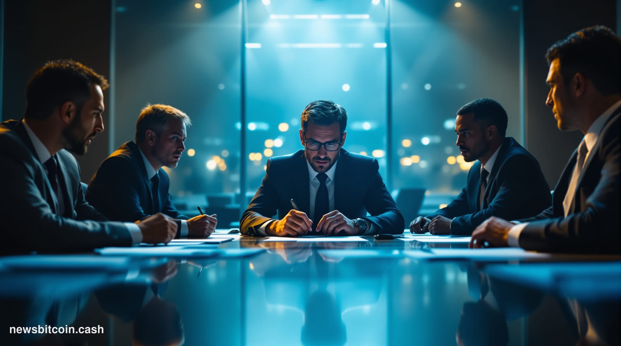 A cinematic photorealistic editorial photograph showing a modern glass-walled conference room during a tense boardroom meetin