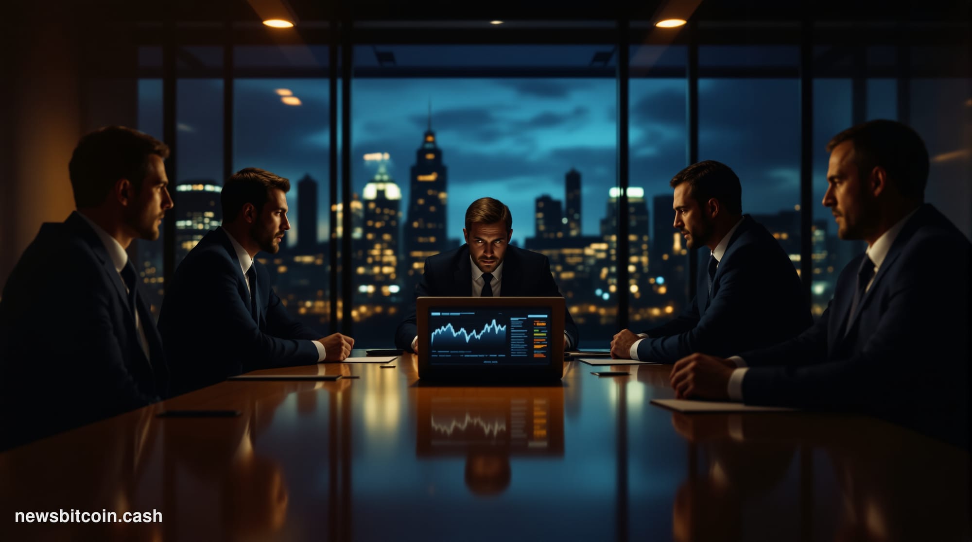 A cinematic photorealistic editorial photograph showing a modern glass-walled conference room during a tense boardroom meetin