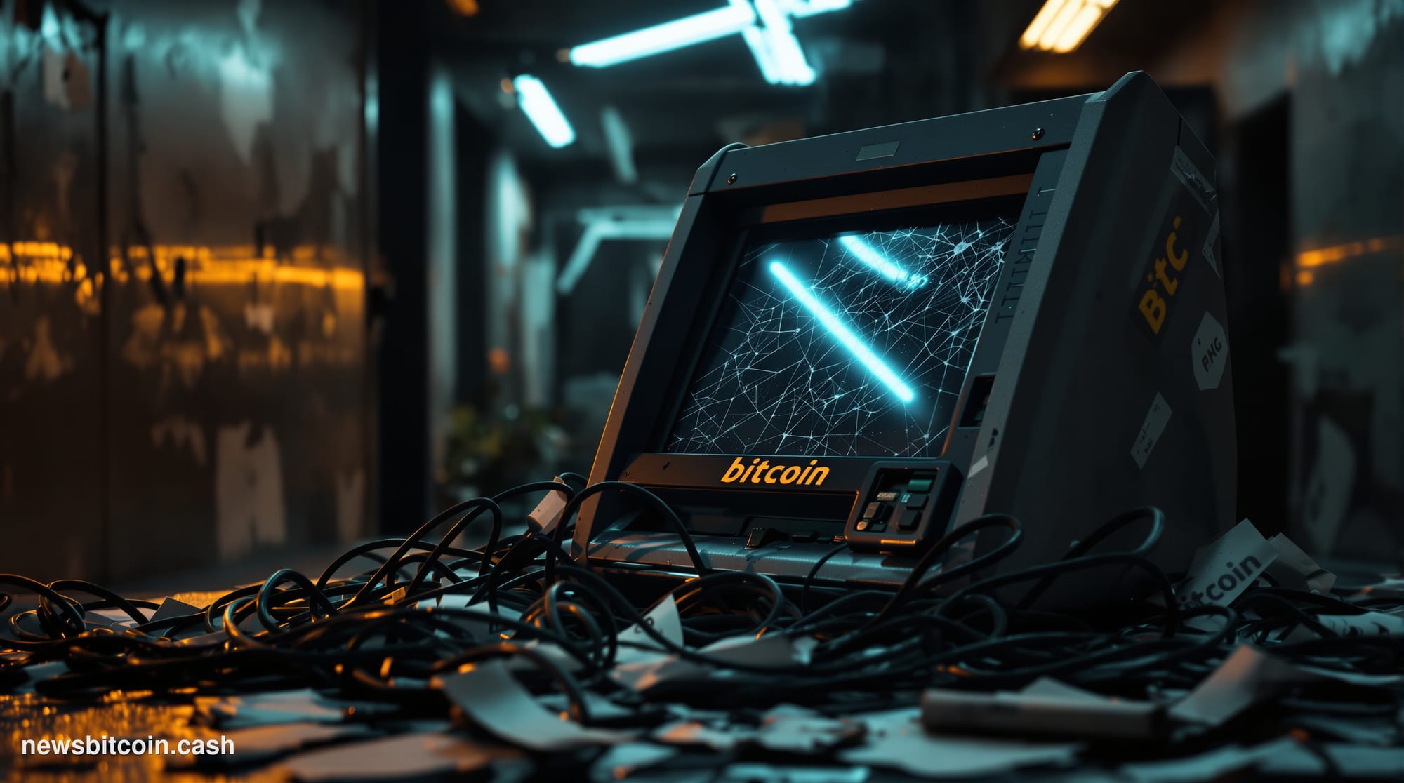 A cinematic photorealistic editorial photograph showing a Bitcoin ATM kiosk in an abandoned or closing retail location, shot 