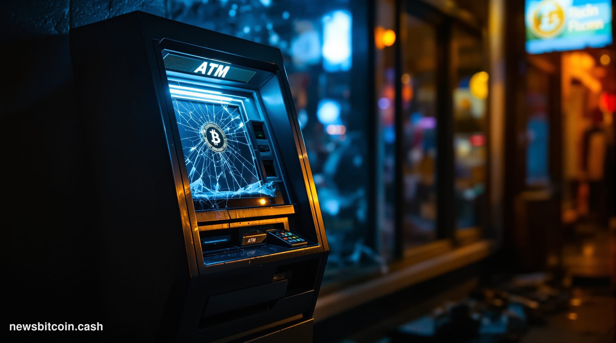 A cinematic photorealistic editorial photograph of a Bitcoin ATM kiosk in an empty convenience store or gas station, dramatic
