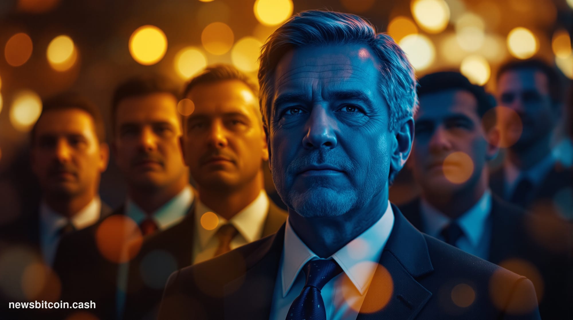 A cinematic photorealistic editorial photograph capturing the intersection of cryptocurrency and American politics during ele