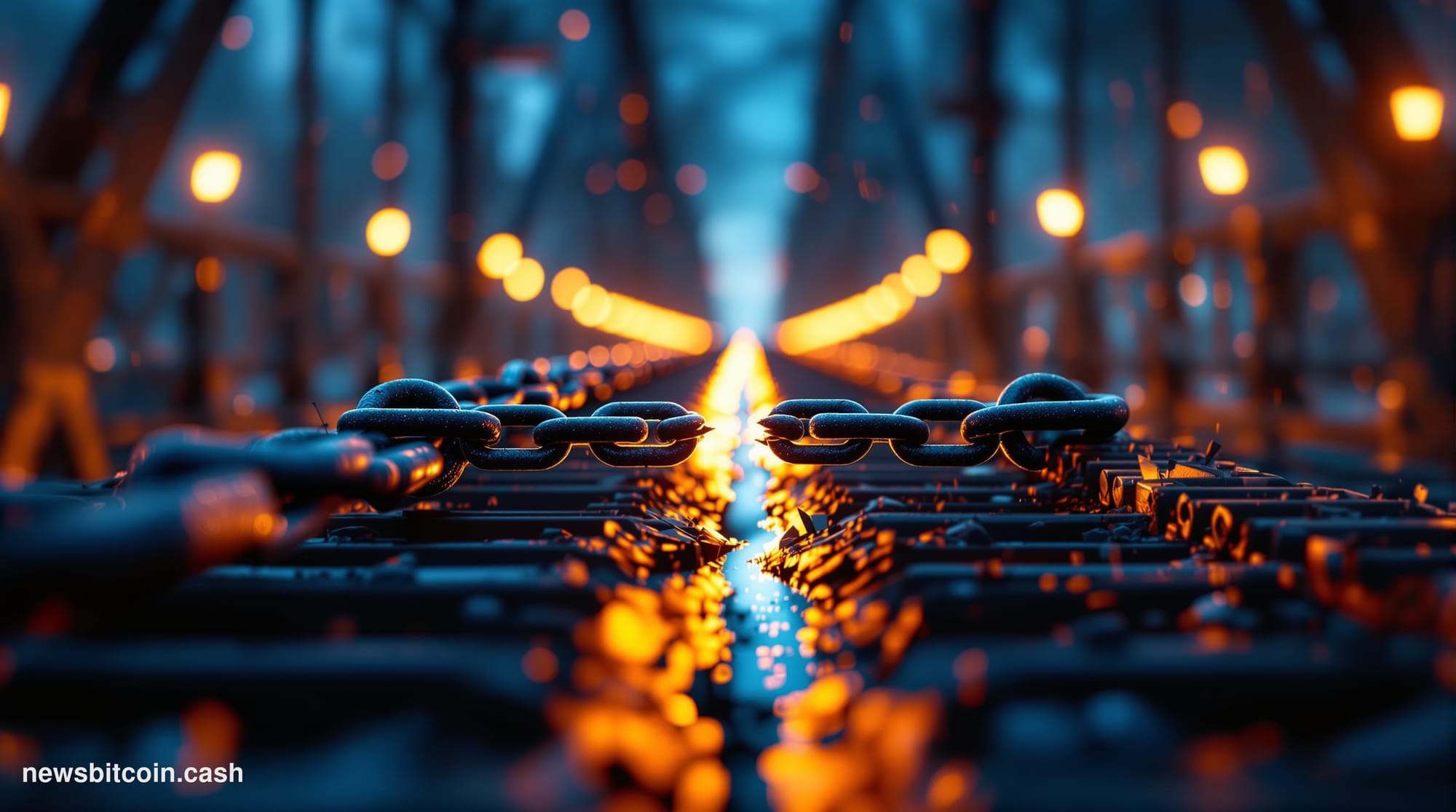 A cinematic photorealistic editorial photograph of a damaged or partially collapsed modern bridge spanning across a dark chas