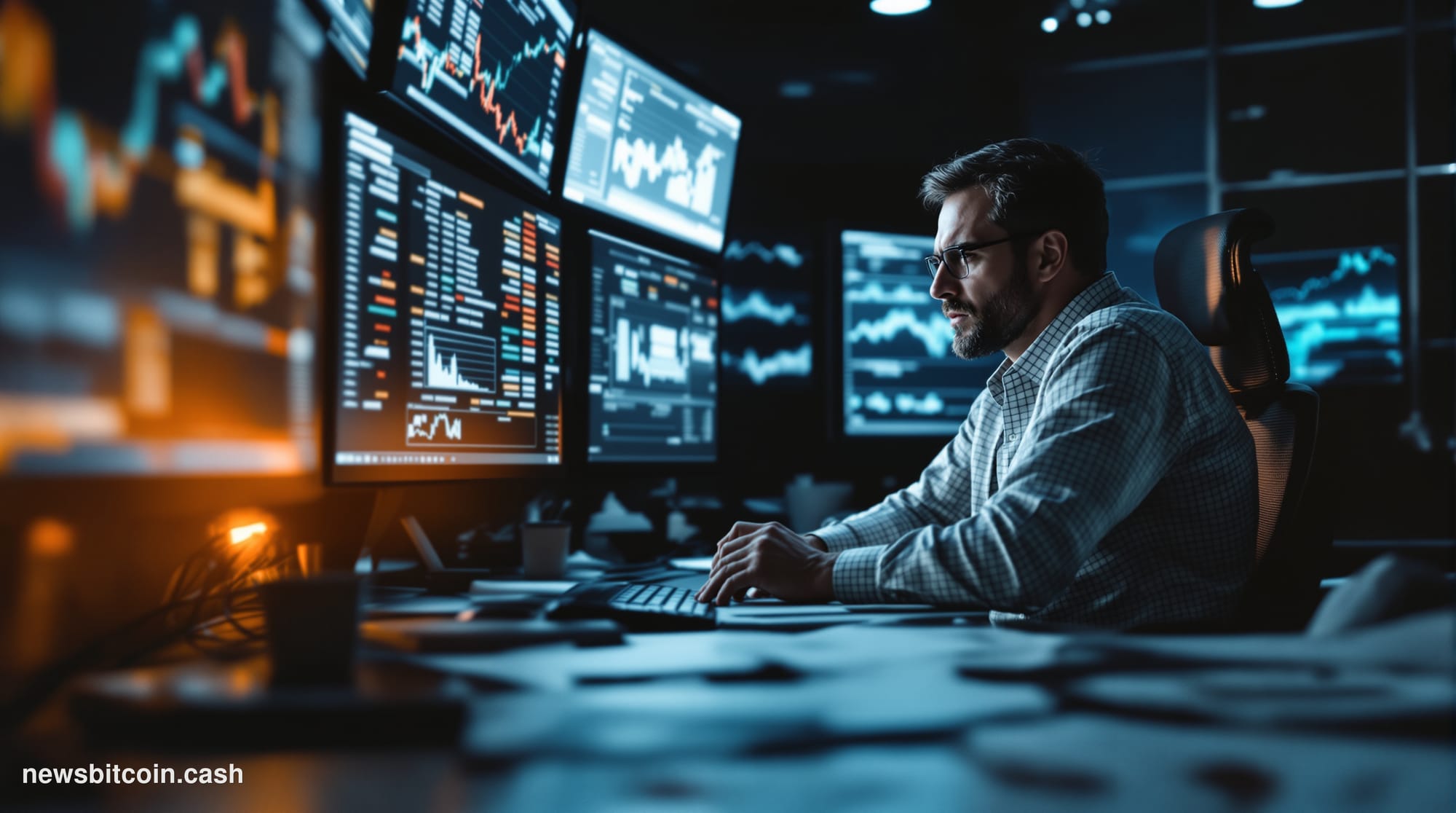 A cinematic photorealistic editorial photograph showcasing the intersection of traditional finance and cryptocurrency regulat