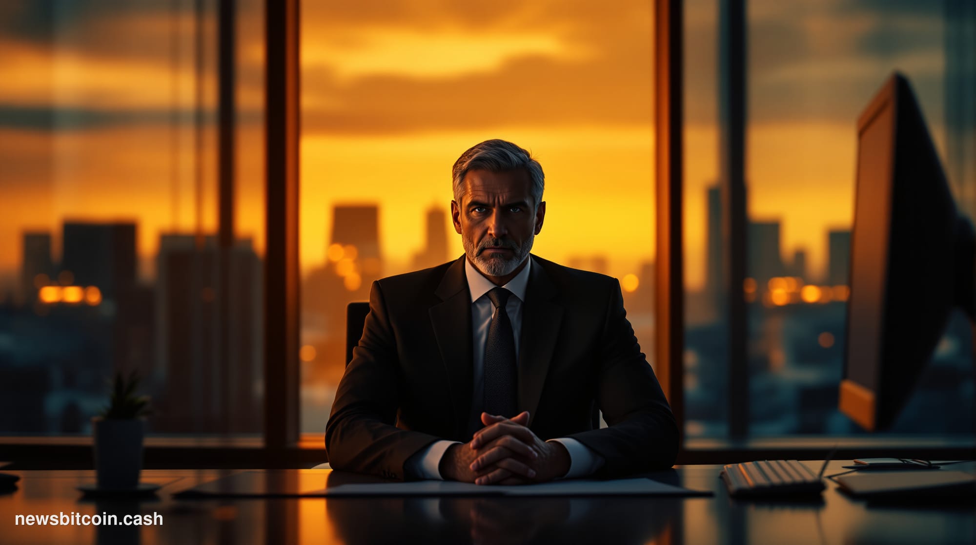 Cinematic photorealistic editorial photograph of a modern fintech company headquarters at golden hour, showing a sleek glass 