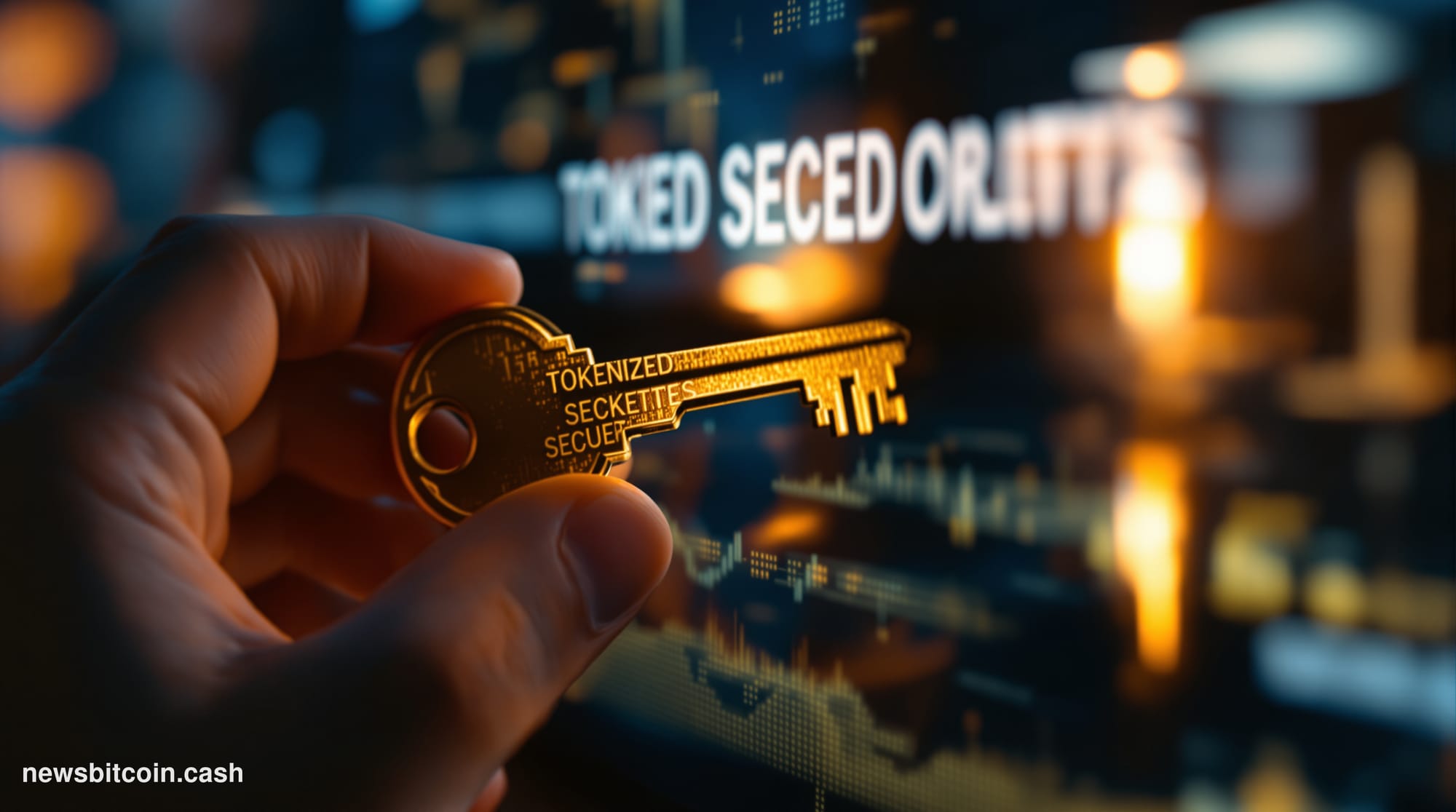 A cinematic photorealistic editorial photograph of the SEC headquarters building in Washington DC at dusk, with warm golden l