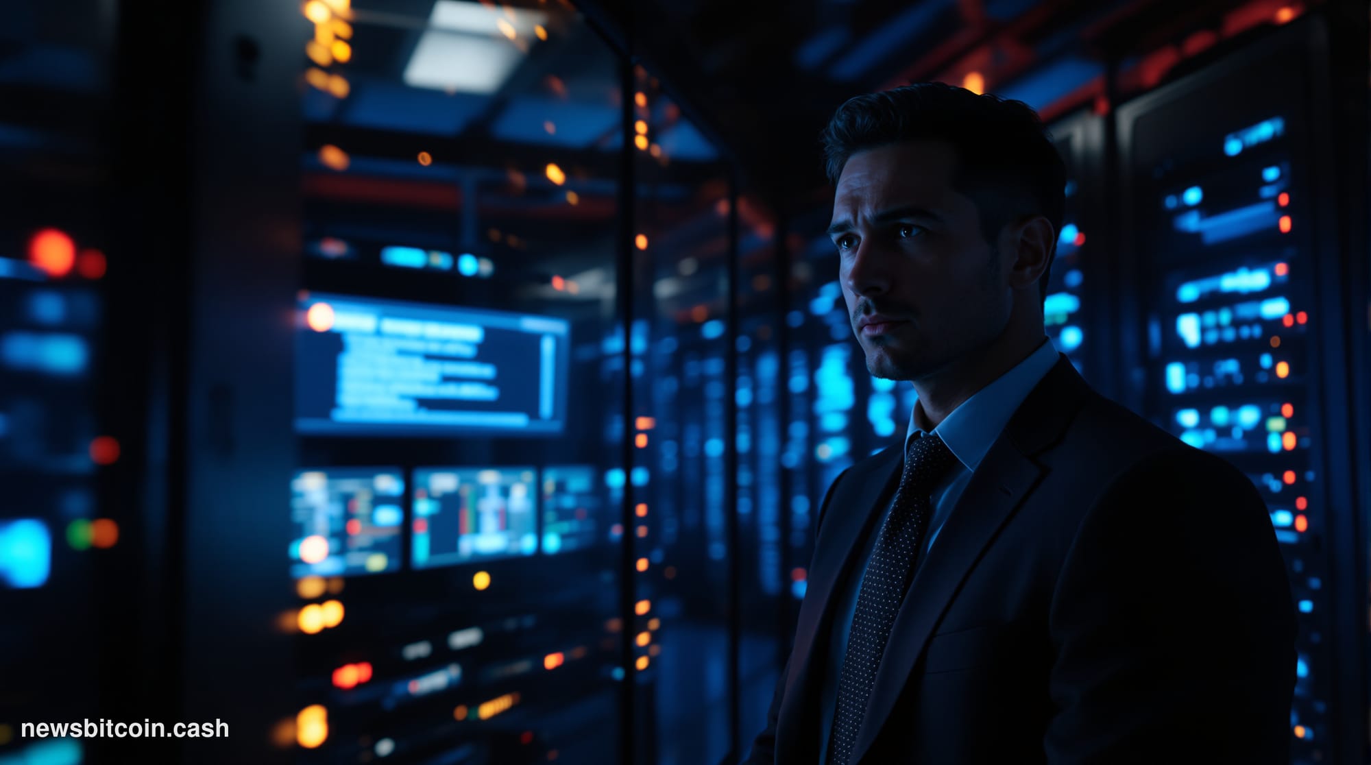 A cinematic photorealistic editorial photograph showing a modern data center server room in partial darkness, with rows of se