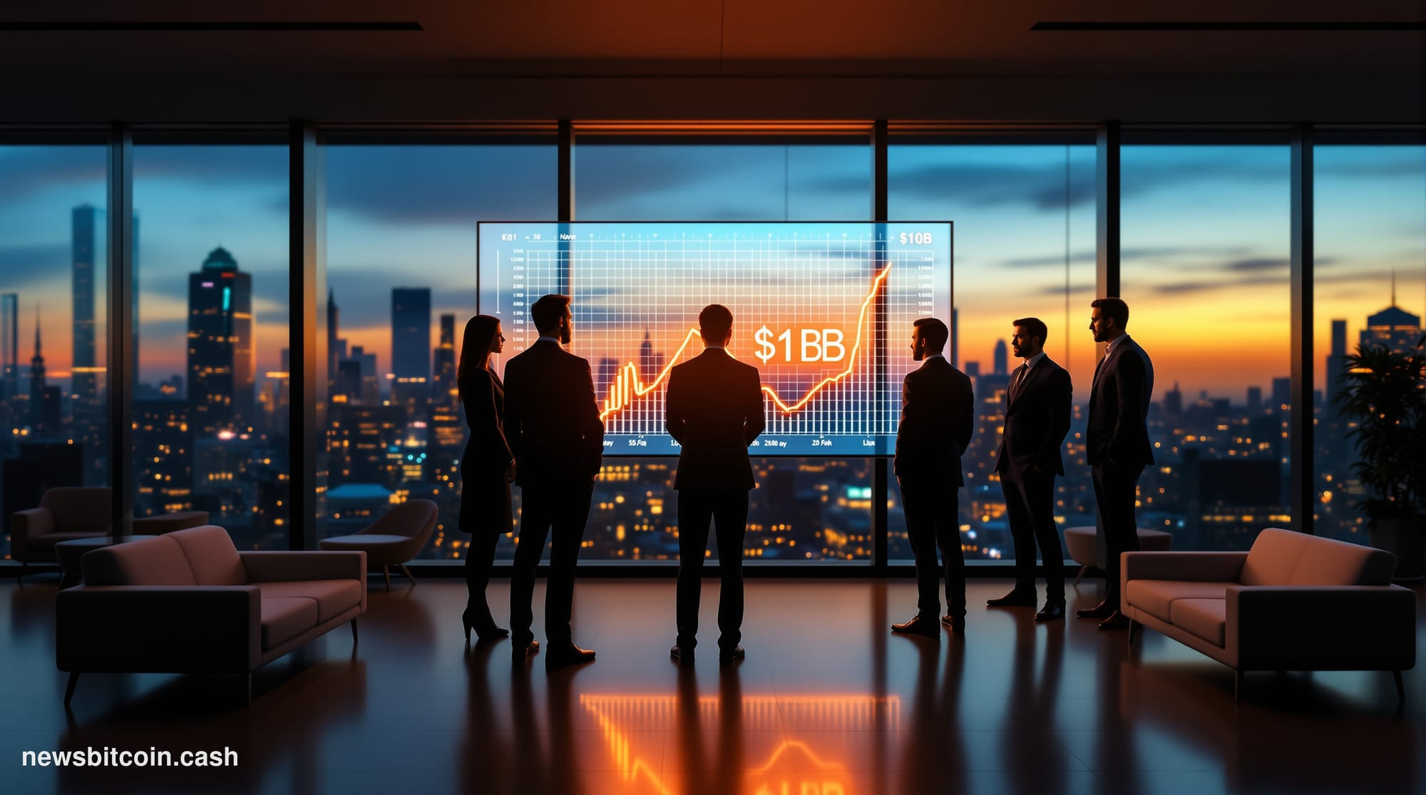 Cinematic photorealistic editorial photograph of a modern institutional trading floor interior, dramatically lit from above w