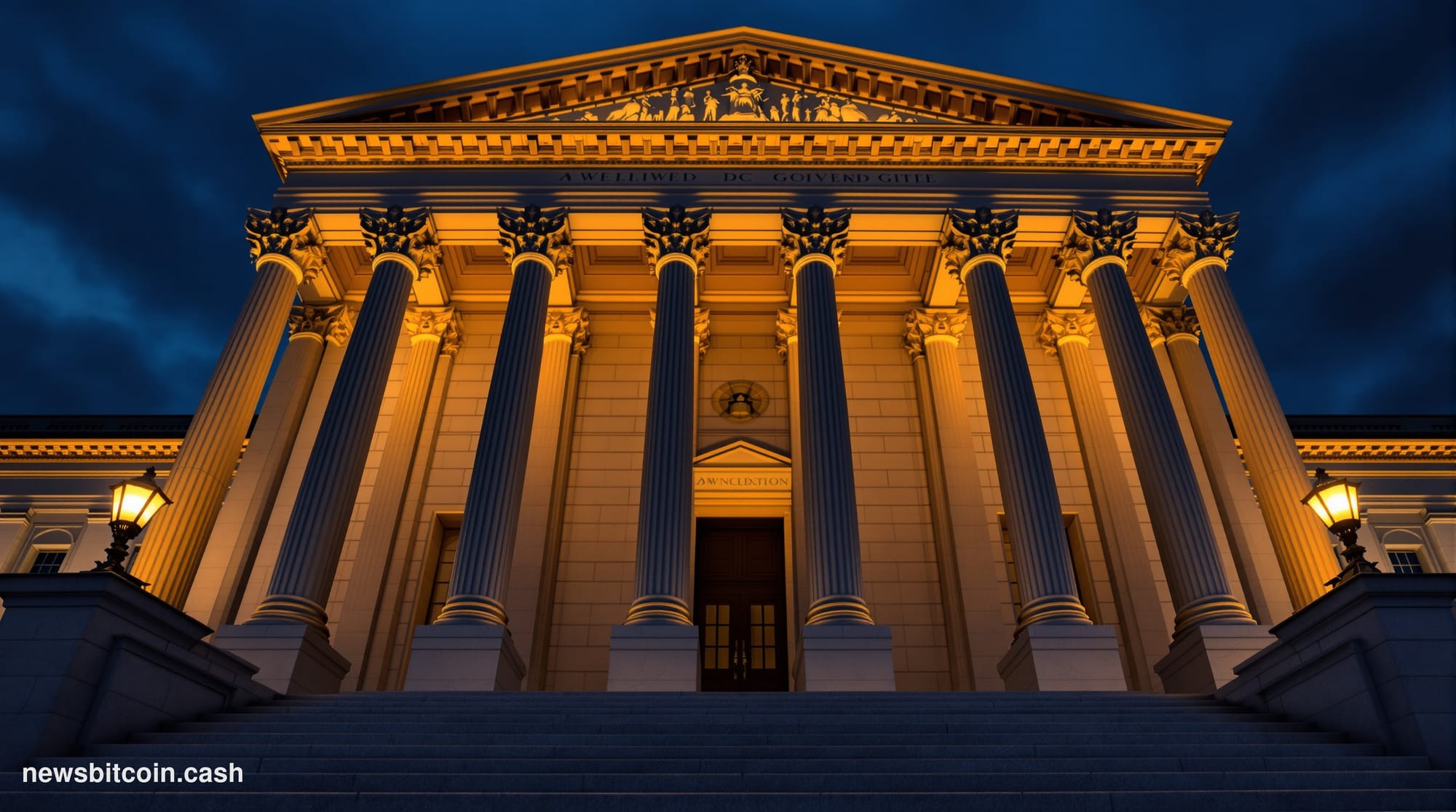 A cinematic photorealistic editorial photograph of the U.S. Department of the Treasury building in Washington D.C., shot from