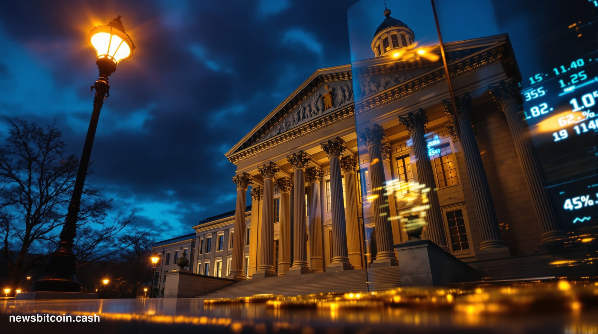 Cinematic photorealistic editorial photograph of the U.S. Treasury Department building in Washington D.C. at dusk, shot from 