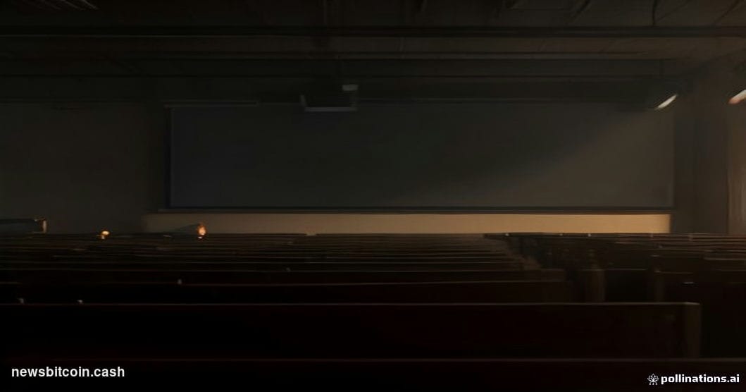 A cinematic photorealistic editorial photograph set in a dimly lit university lecture hall, shot from a low angle looking tow