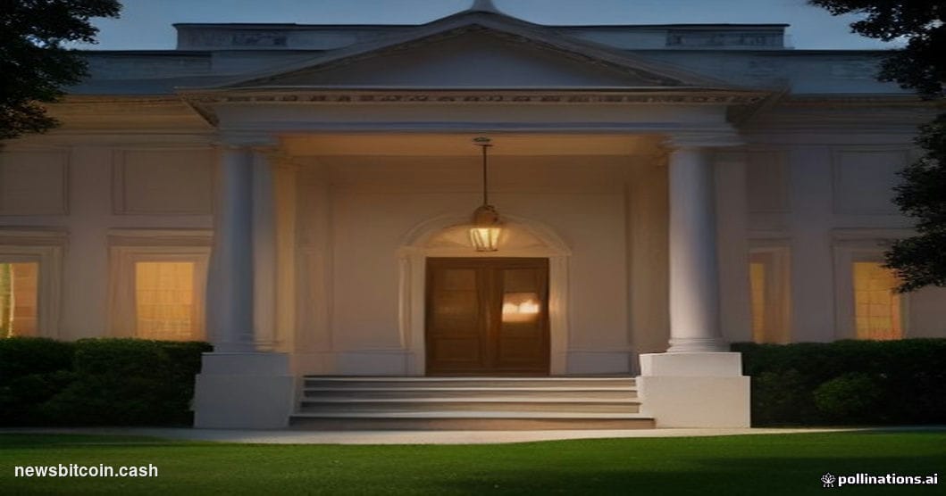 A cinematic photorealistic editorial photograph of the White House's South Portico at dusk, shot from a low angle with dramat