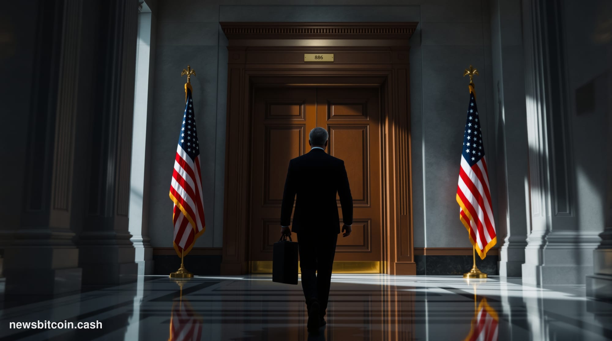 Cinematic photorealistic editorial photograph of a grand federal government corridor in Washington D.C., shot from a low angl