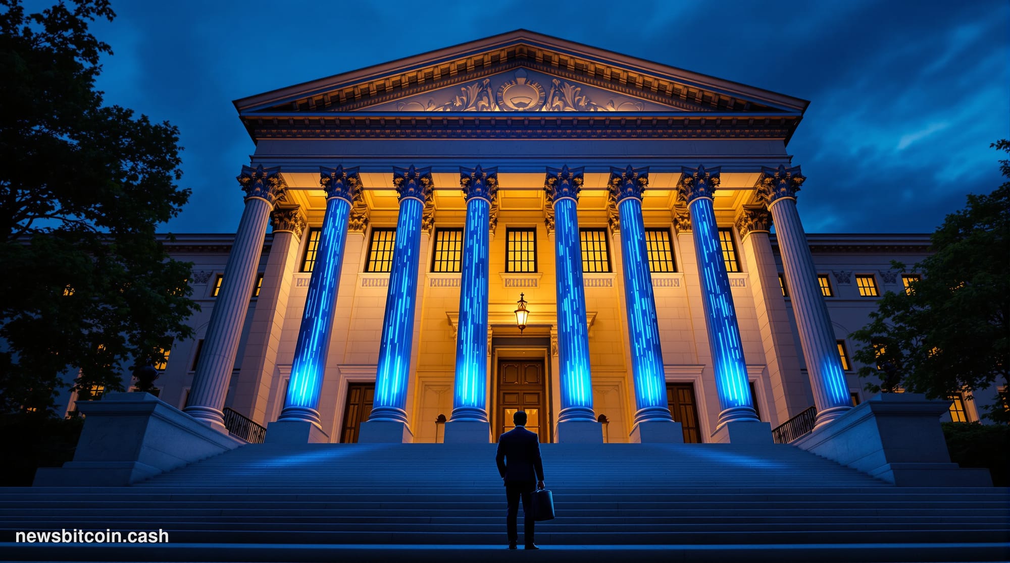 A cinematic photorealistic editorial photograph of a grand Washington D.C. government building at dusk, shot from a low angle