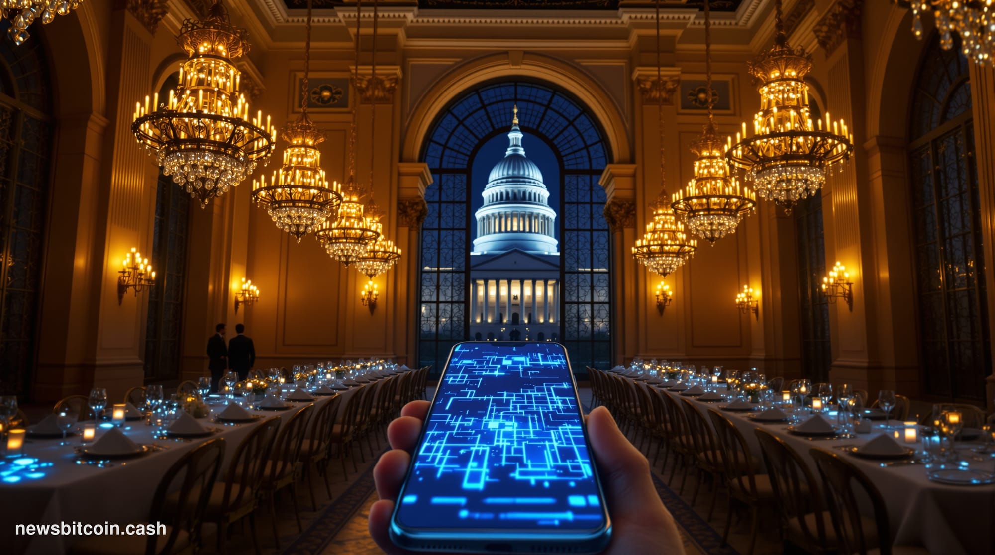 A cinematic photorealistic editorial photograph shot inside a grand Washington D.C. banquet hall, dramatic warm candlelight f