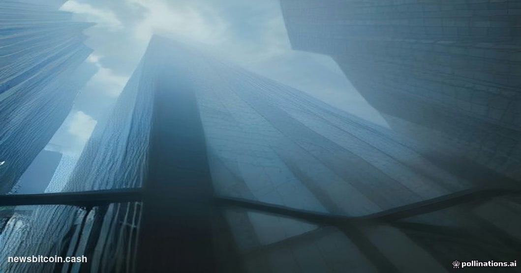 A cinematic photorealistic editorial photograph shot from a low angle looking up at the imposing glass and steel facades of m