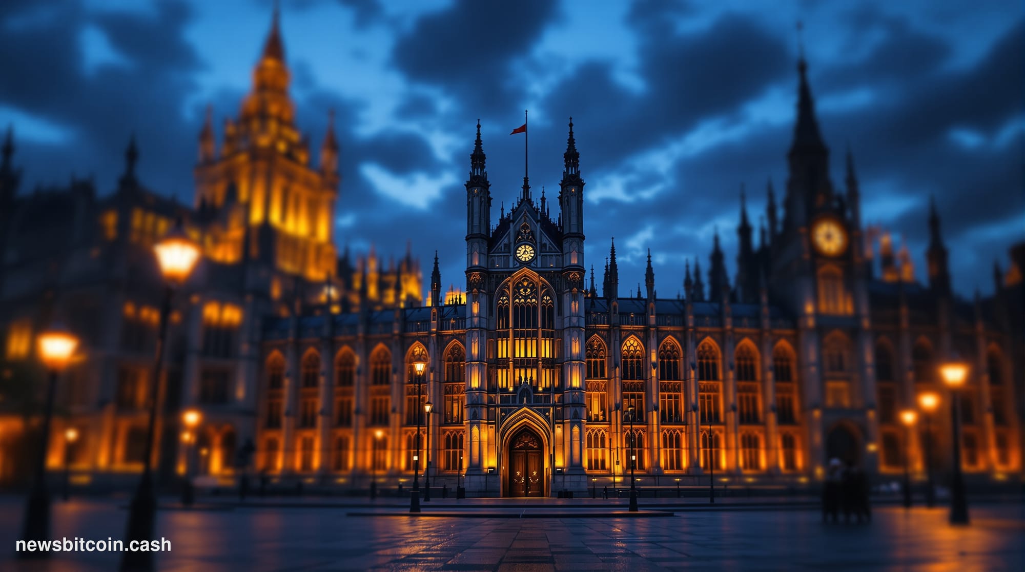 Cinematic photorealistic editorial photograph of the Palace of Westminster at dusk, shot from across the Thames River with th