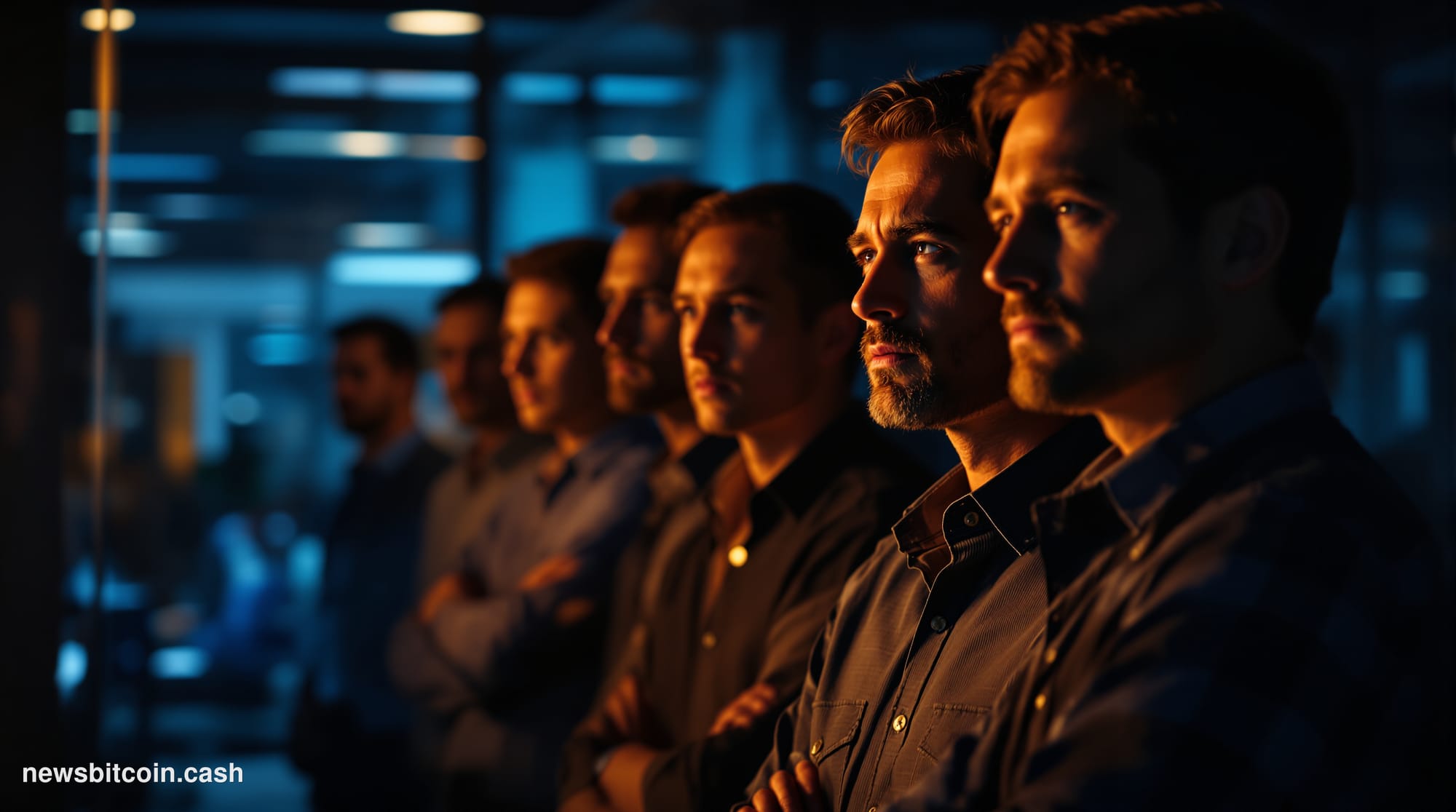 Cinematic photorealistic editorial photograph of a modern mid-sized fintech office lobby, shot from a low angle looking towar