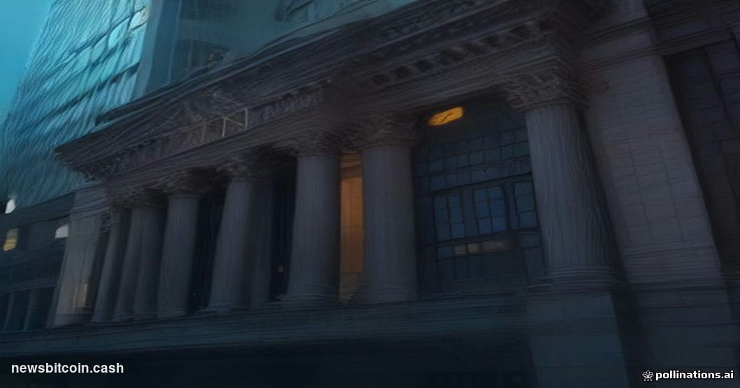 Cinematic photorealistic editorial photograph of the Philadelphia Stock Exchange exterior at dusk, dramatic side-lighting cas