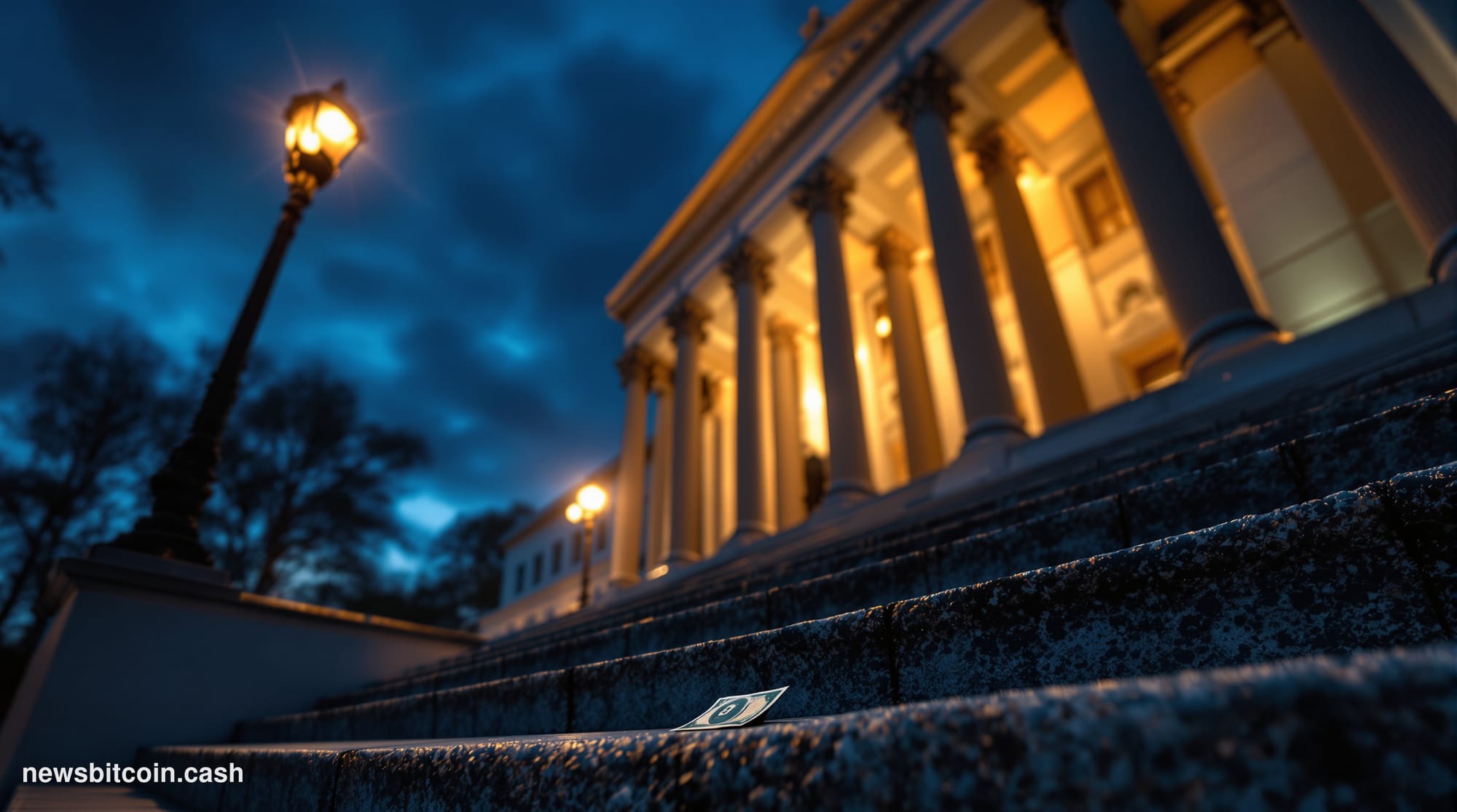 A dramatic wide-angle cinematic photograph of the United States Treasury building in Washington D.C., shot at dusk from a low