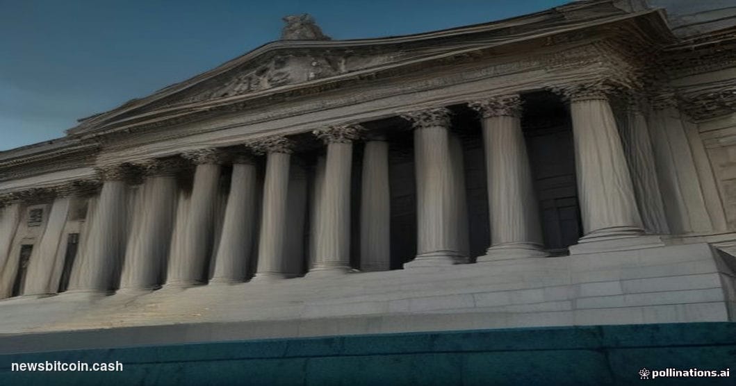 Cinematic photorealistic editorial photograph shot at a low angle looking up at the imposing neoclassical granite facade of t