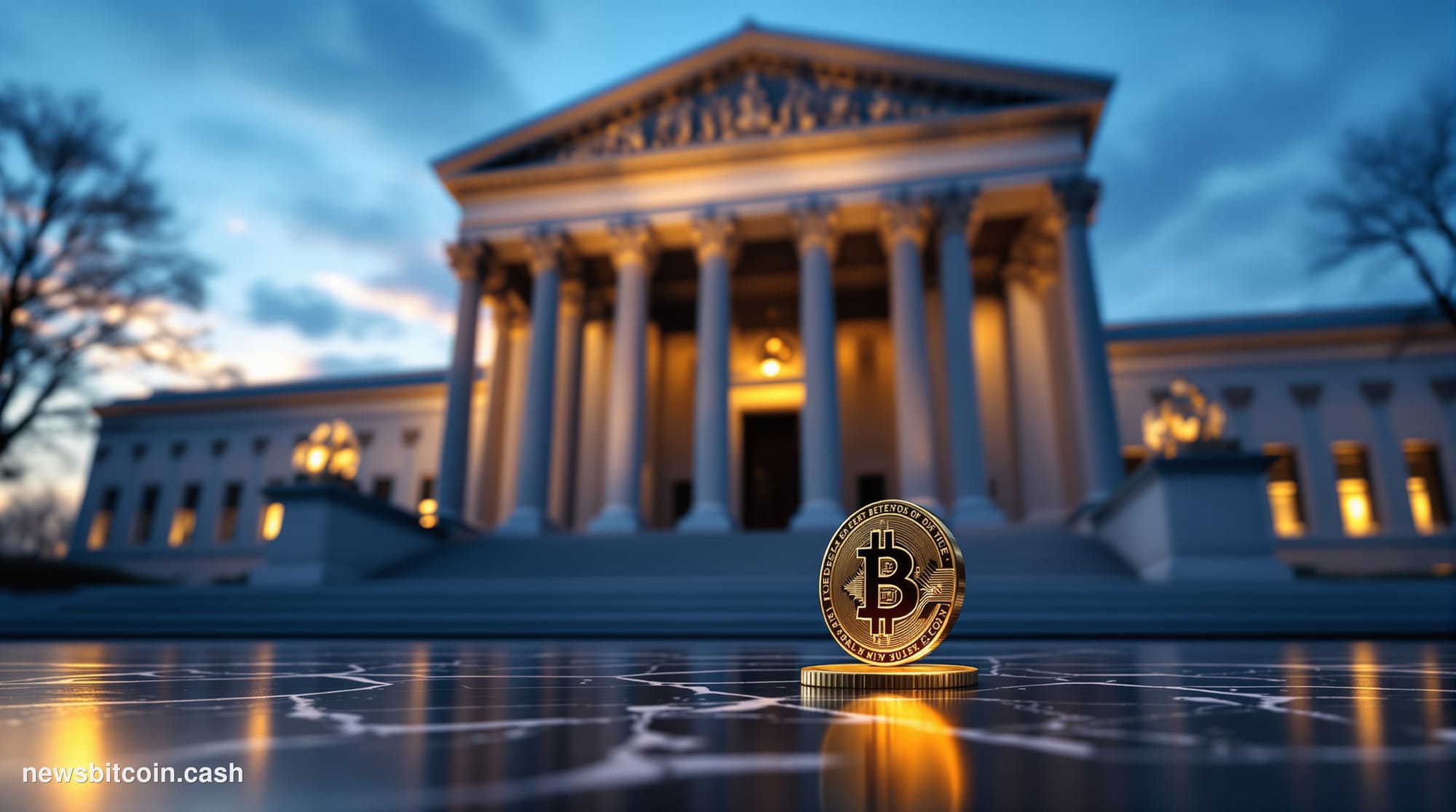 Cinematic photorealistic editorial photograph shot at a low angle looking up at the imposing neoclassical facade of the US De