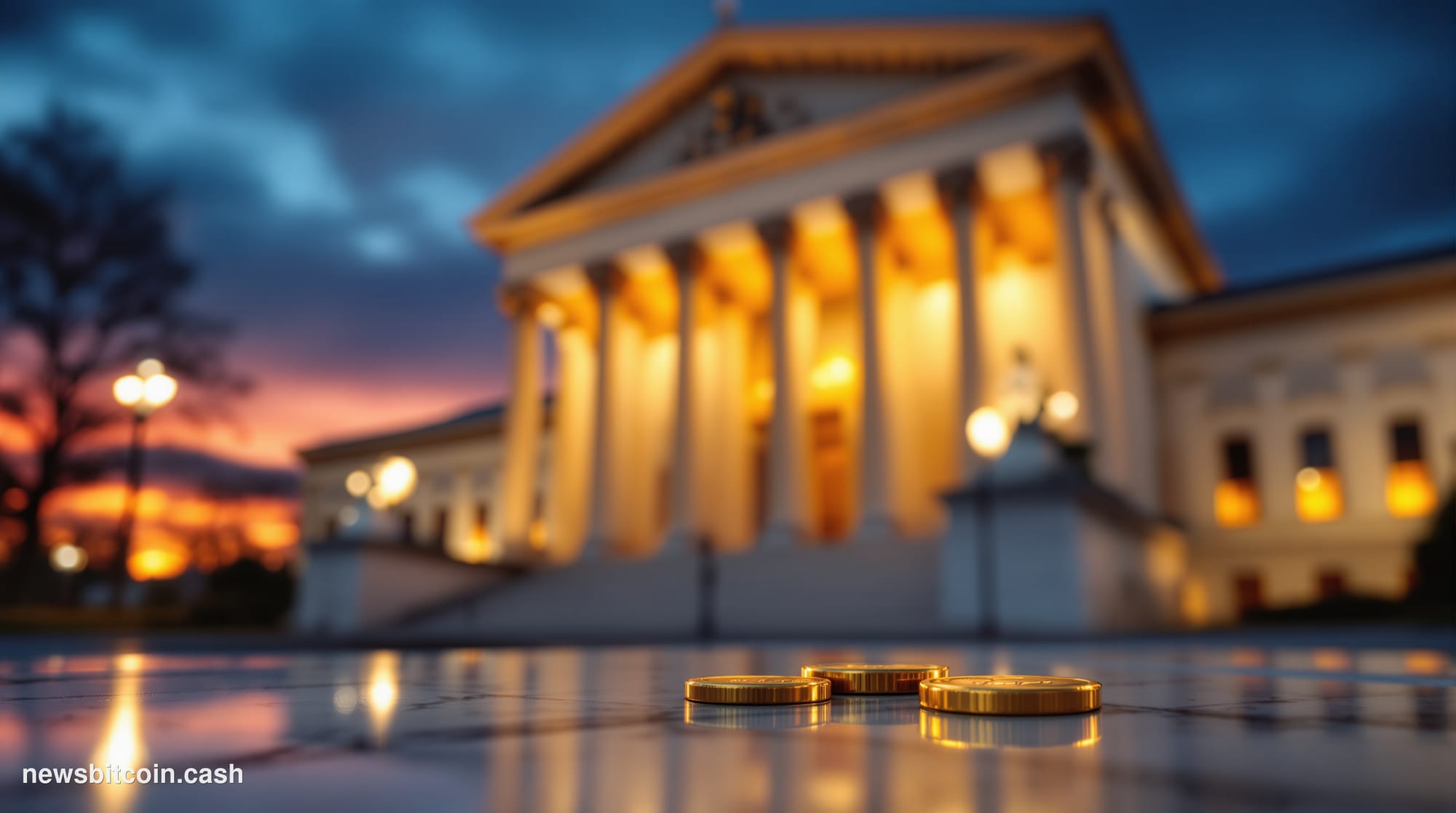 Cinematic photorealistic editorial photograph of the US Department of Justice headquarters in Washington D.C., shot from a lo