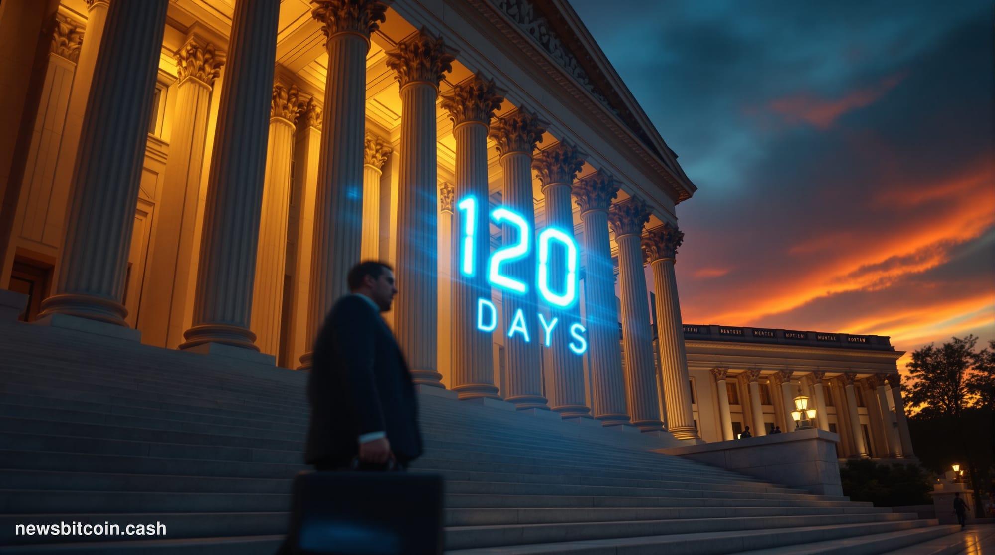 Cinematic photorealistic editorial photograph of a imposing Washington D.C. federal government building at dusk, shot from a 