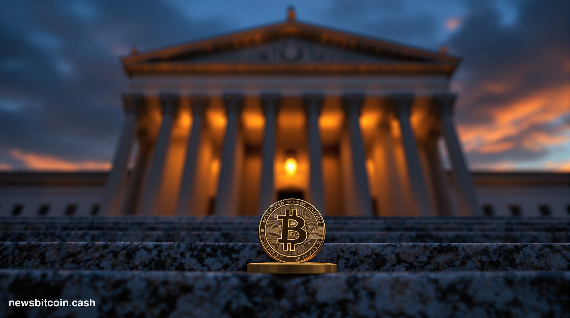 Cinematic photorealistic editorial photograph of the US Treasury building in Washington D.C. shot from a low angle at dusk, w