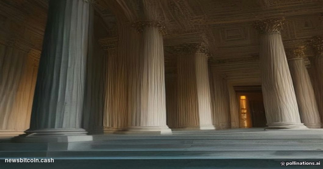 Cinematic photorealistic editorial photograph of the United States Treasury building in Washington D.C. at dusk, shot from a 