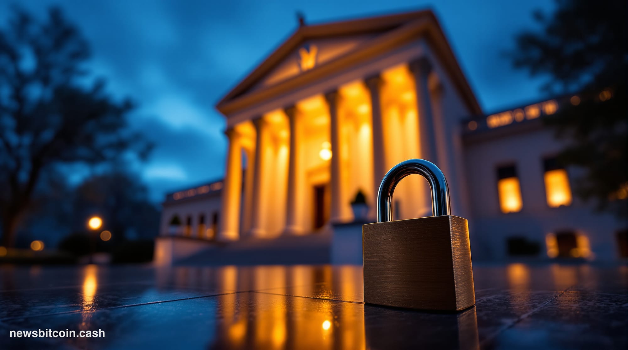 Cinematic photorealistic editorial photograph of the U.S. Department of the Treasury building in Washington D.C., shot from a