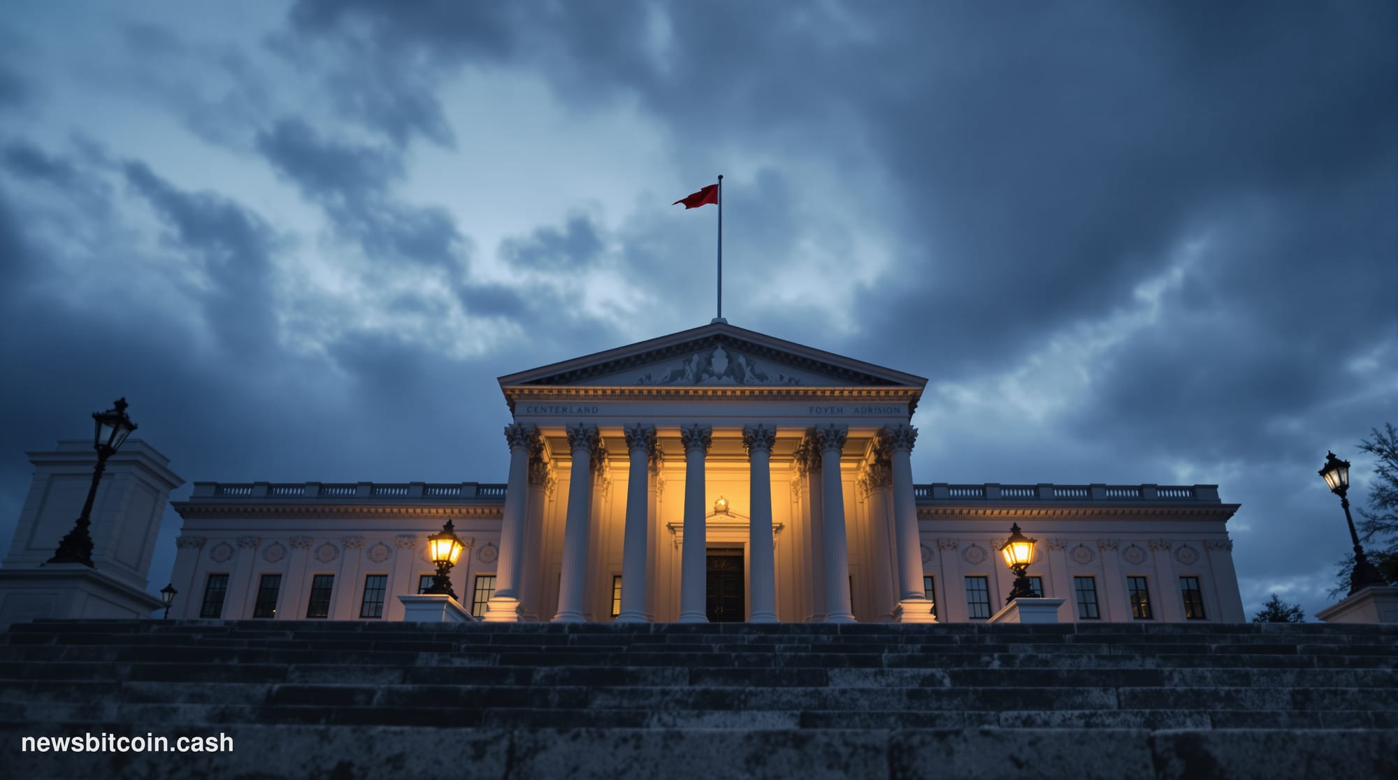 Cinematic photorealistic editorial photograph of the U.S. Department of the Treasury building in Washington D.C., captured fr