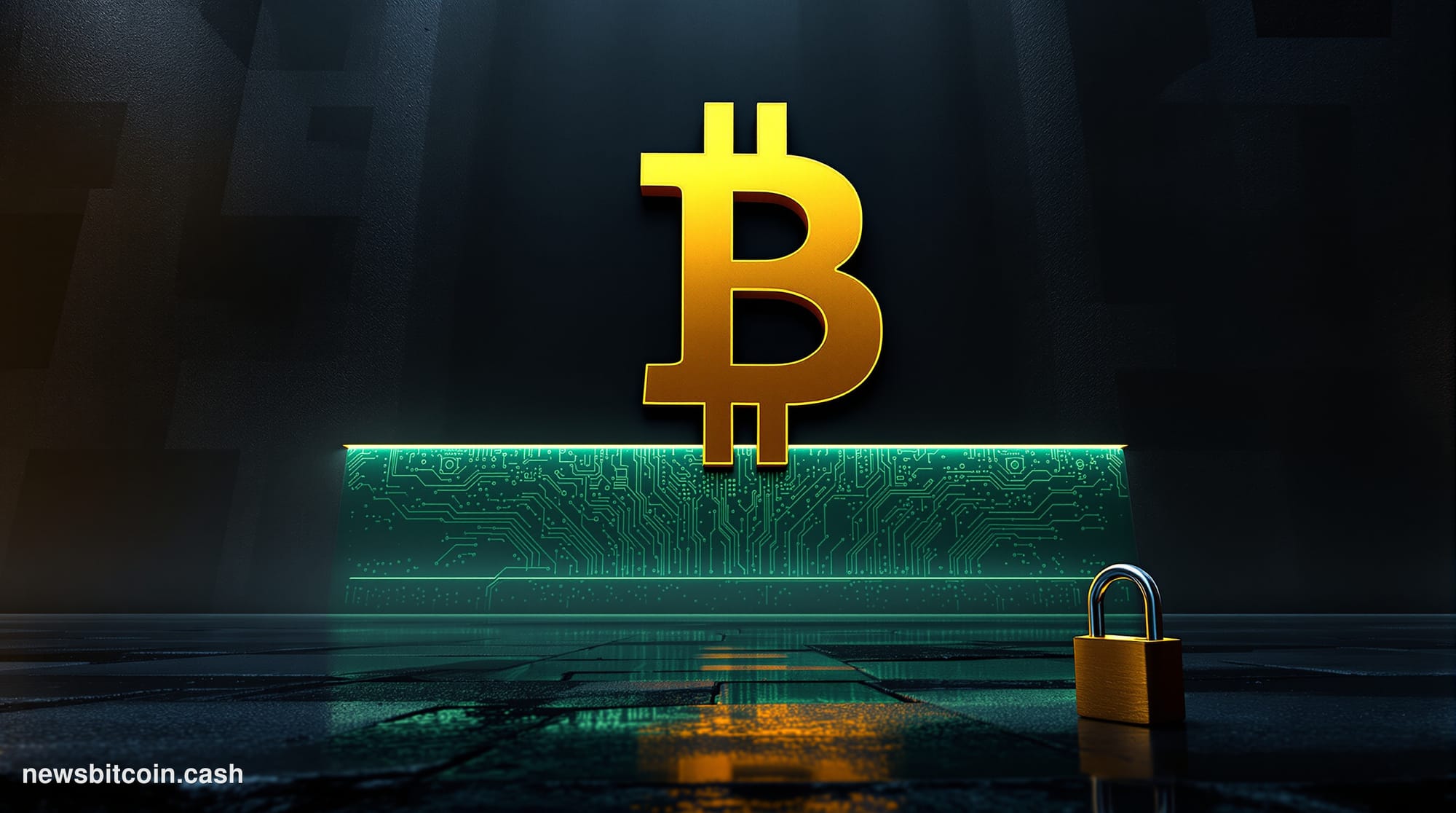 Cinematic photorealistic editorial photograph shot at ground level looking up at a massive golden Bitcoin symbol mounted on a