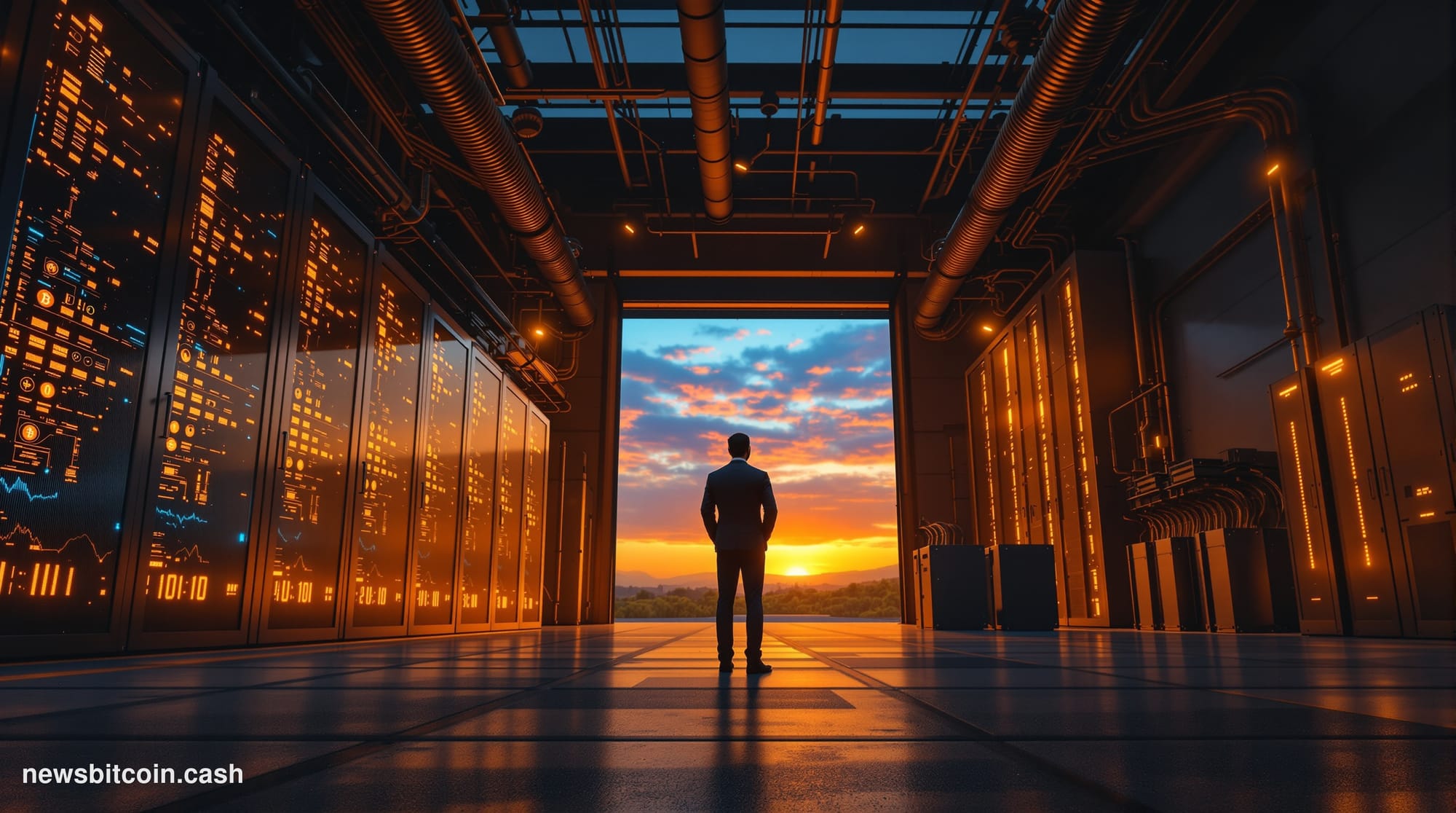 Cinematic photorealistic editorial photograph of a large-scale Bitcoin mining facility at dusk, shot from a low angle looking