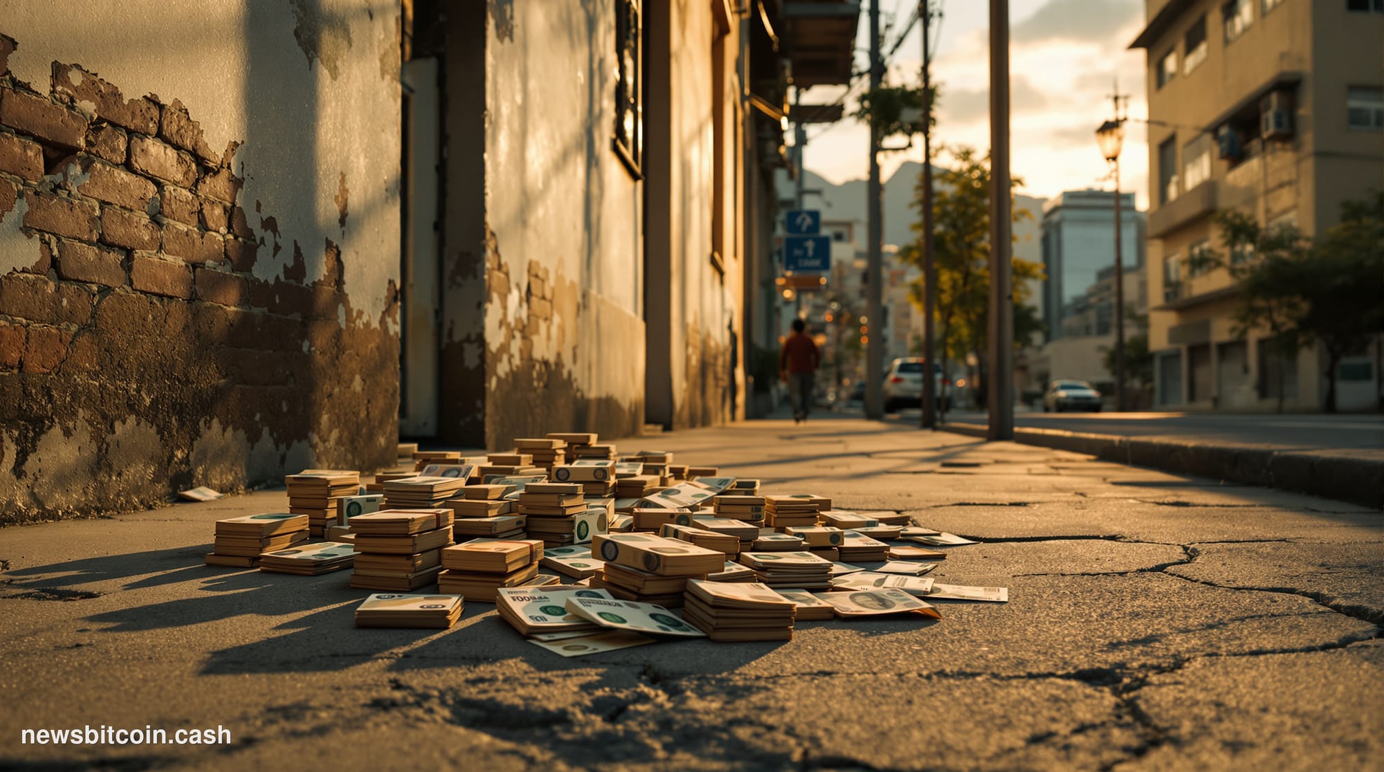 A cinematic photorealistic editorial photograph shot at ground level in Caracas, Venezuela, looking up at a weathered commerc