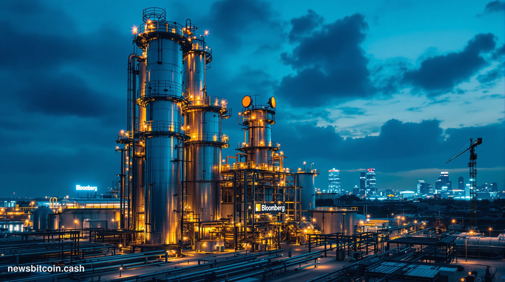 Cinematic photorealistic editorial photograph of a modern semiconductor fabrication facility exterior in Singapore at dusk, w