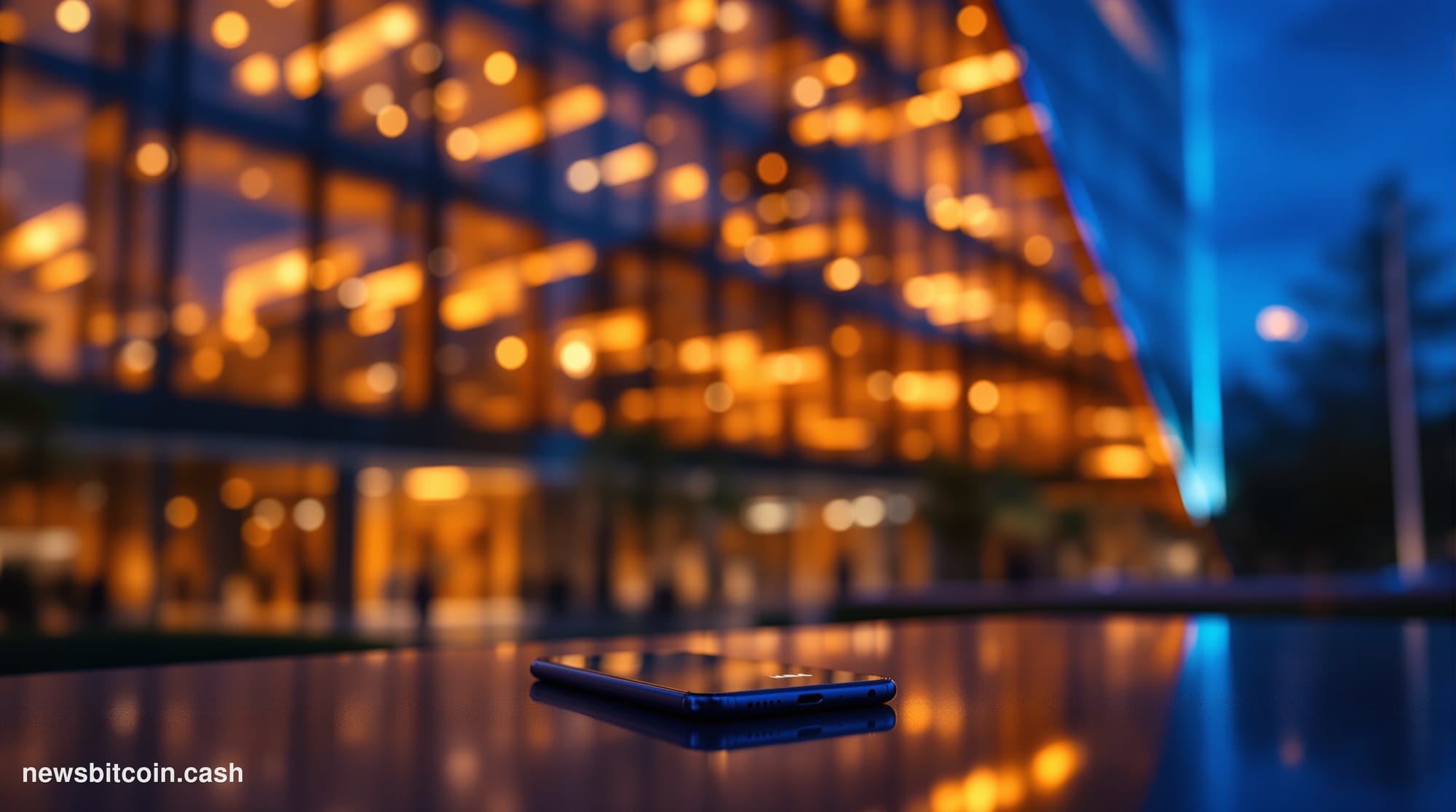 Cinematic photorealistic editorial photograph shot at ground level looking up at Visa's corporate headquarters in Foster City