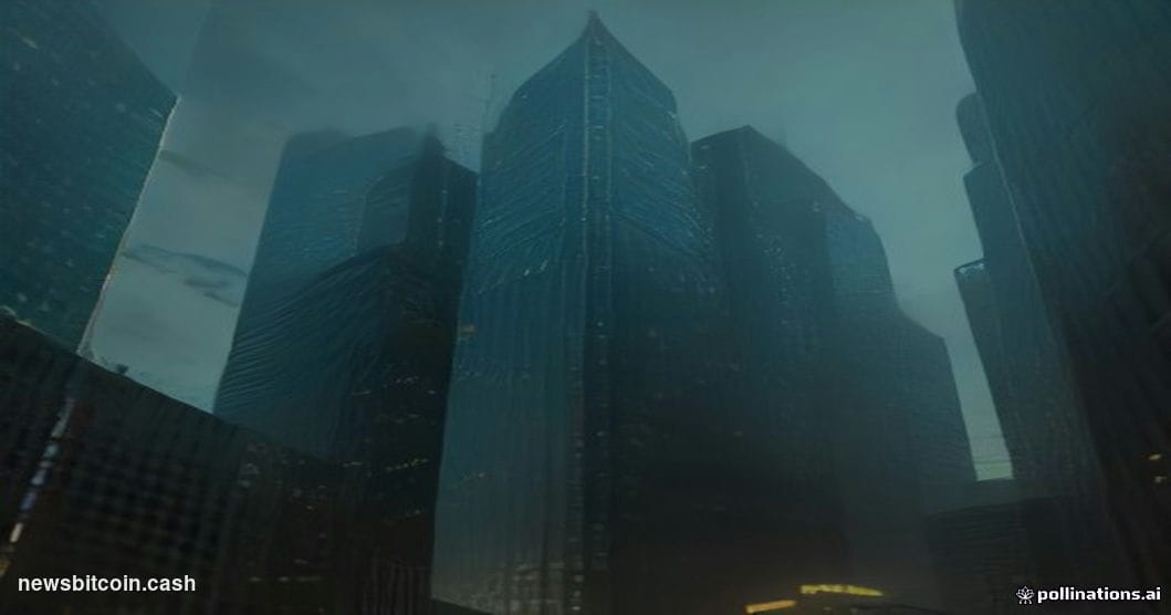 A cinematic photorealistic editorial photograph shot from a low angle looking up at two imposing financial district skyscrape