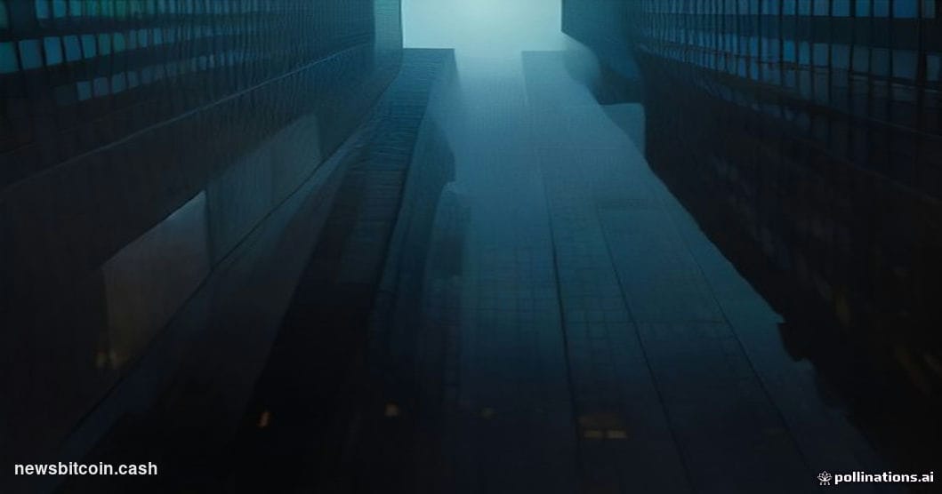 Cinematic photorealistic editorial photograph shot at low angle from street level looking up at a glass-and-steel Wall Street
