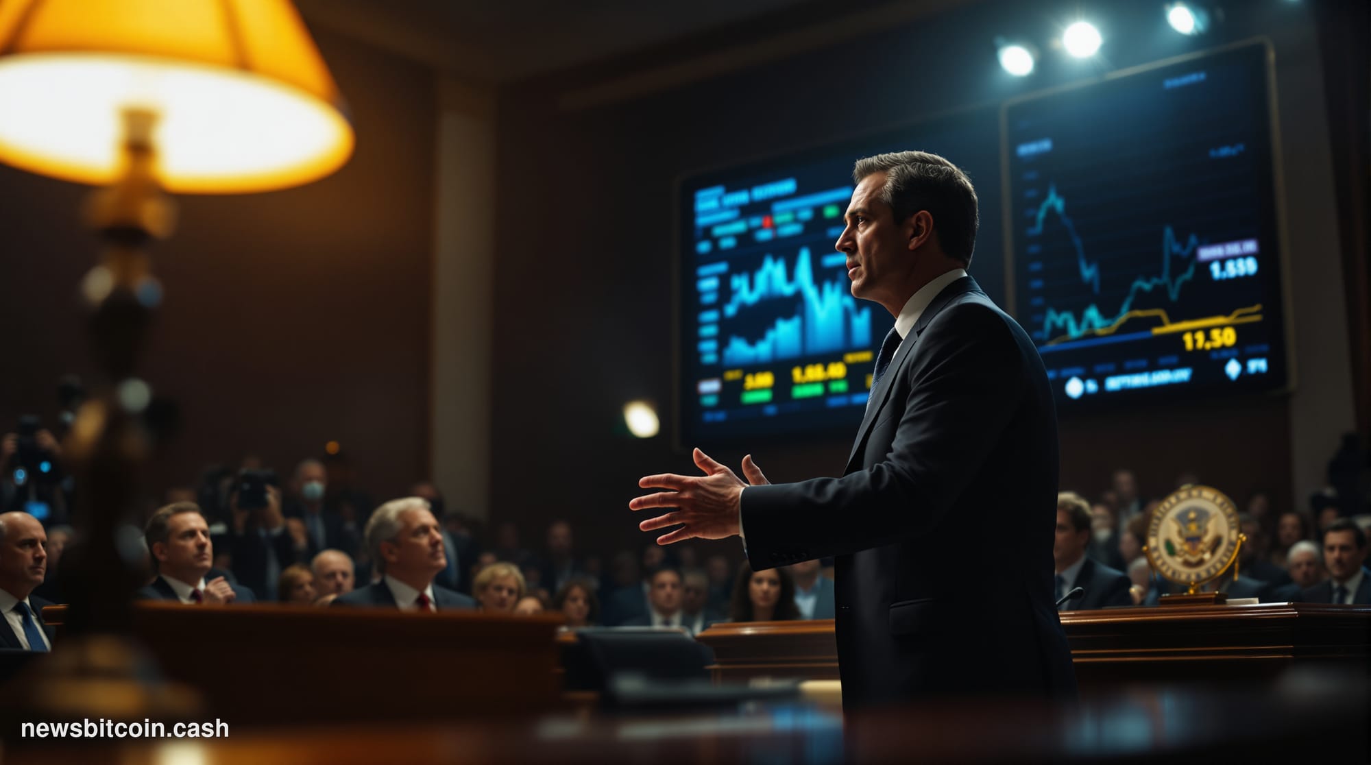 A cinematic photorealistic editorial photograph set inside a grand, wood-paneled United States Senate chamber corridor, shot 