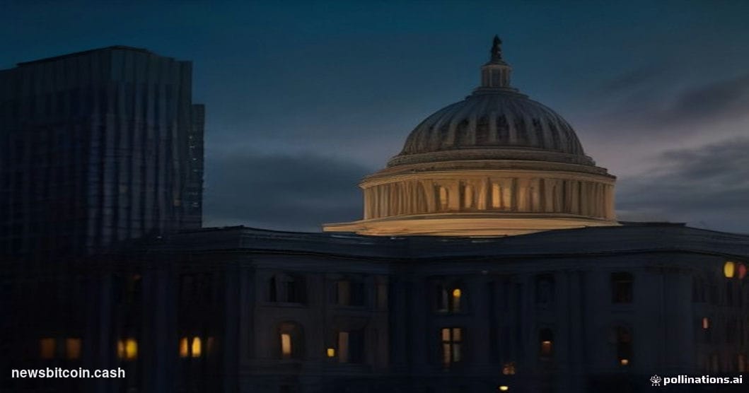 Cinematic photorealistic editorial photograph of a fortified glass-and-steel government building in Washington D.C. at dusk, 