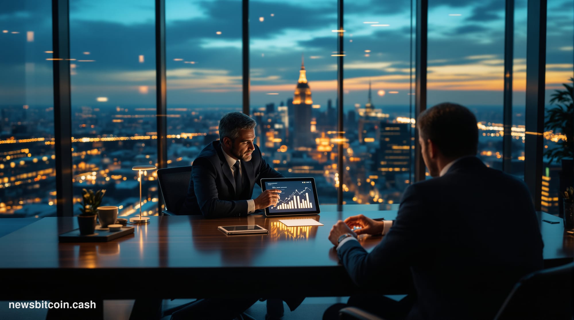 Cinematic photorealistic editorial photograph of a sleek, high-floor private wealth management office interior in a European 
