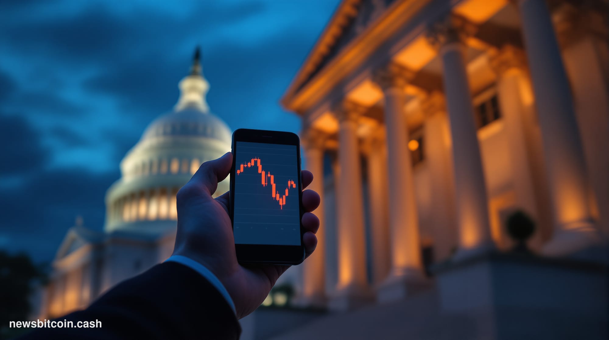 A cinematic photorealistic editorial photograph of the exterior of a U.S. congressional building in Washington D.C., shot at 