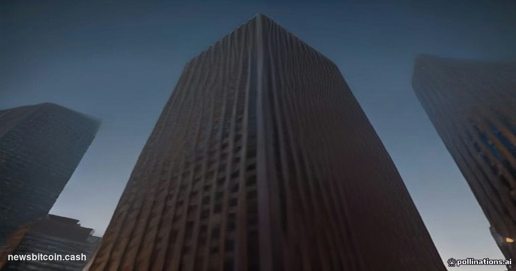 Cinematic photorealistic editorial photograph of the Wells Fargo corporate headquarters tower in San Francisco, shot from a l