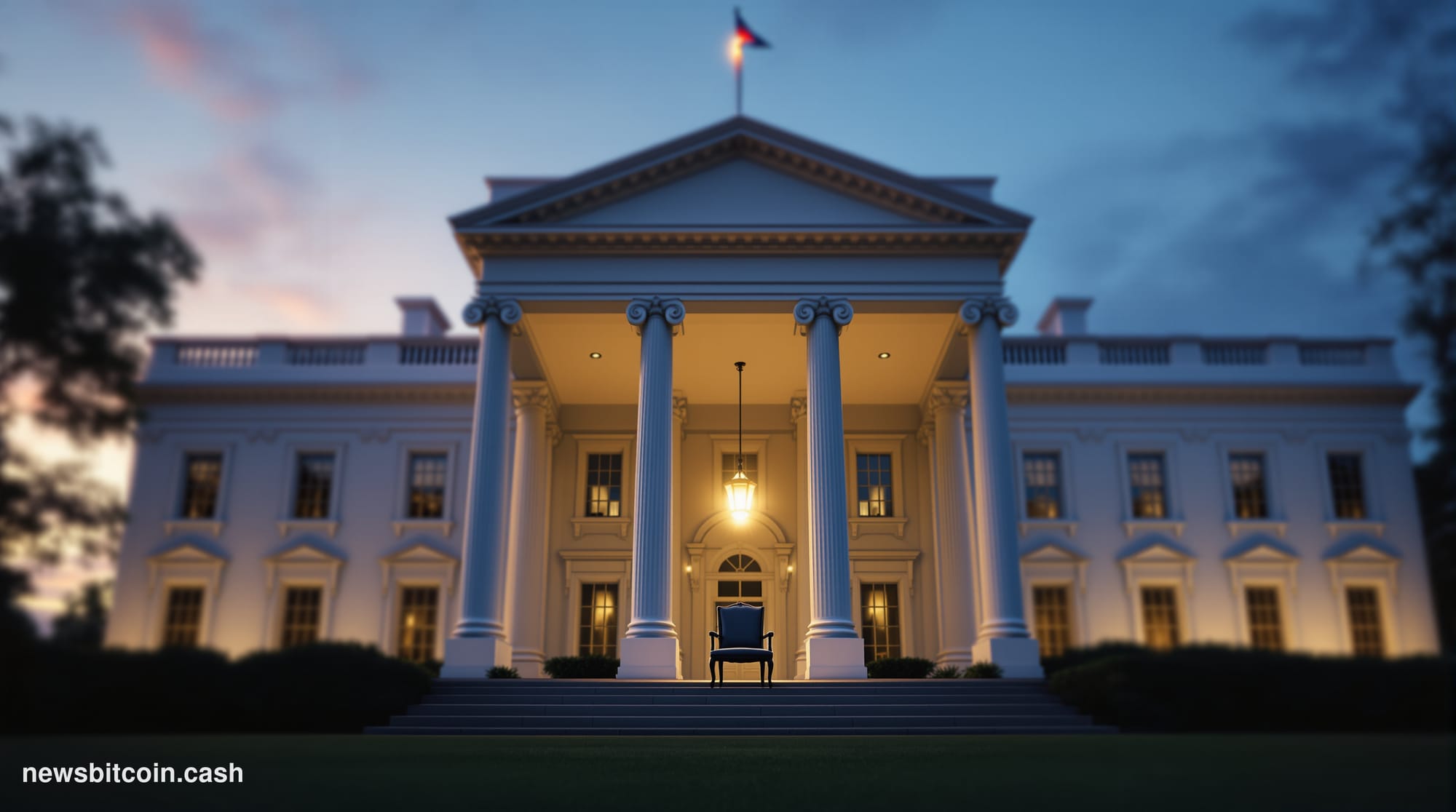 A cinematic photorealistic editorial photograph of the north facade of the White House at dusk, shot from a low angle with th