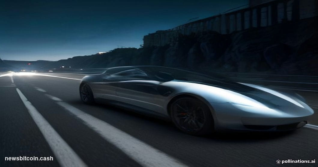 Cinematic photorealistic editorial photograph of a sleek, futuristic Tesla-branded flying vehicle hovering at low altitude ab