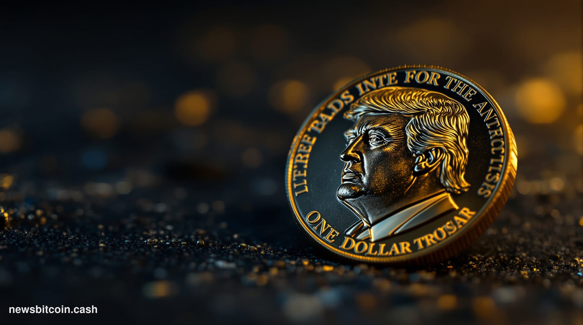 A cinematic photorealistic editorial photograph showing a gleaming gold commemorative coin bearing a presidential profile in 