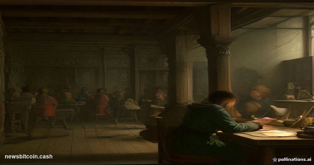 A cinematic photorealistic editorial photograph of a dimly lit Renaissance-style art studio, with large canvases leaning agai