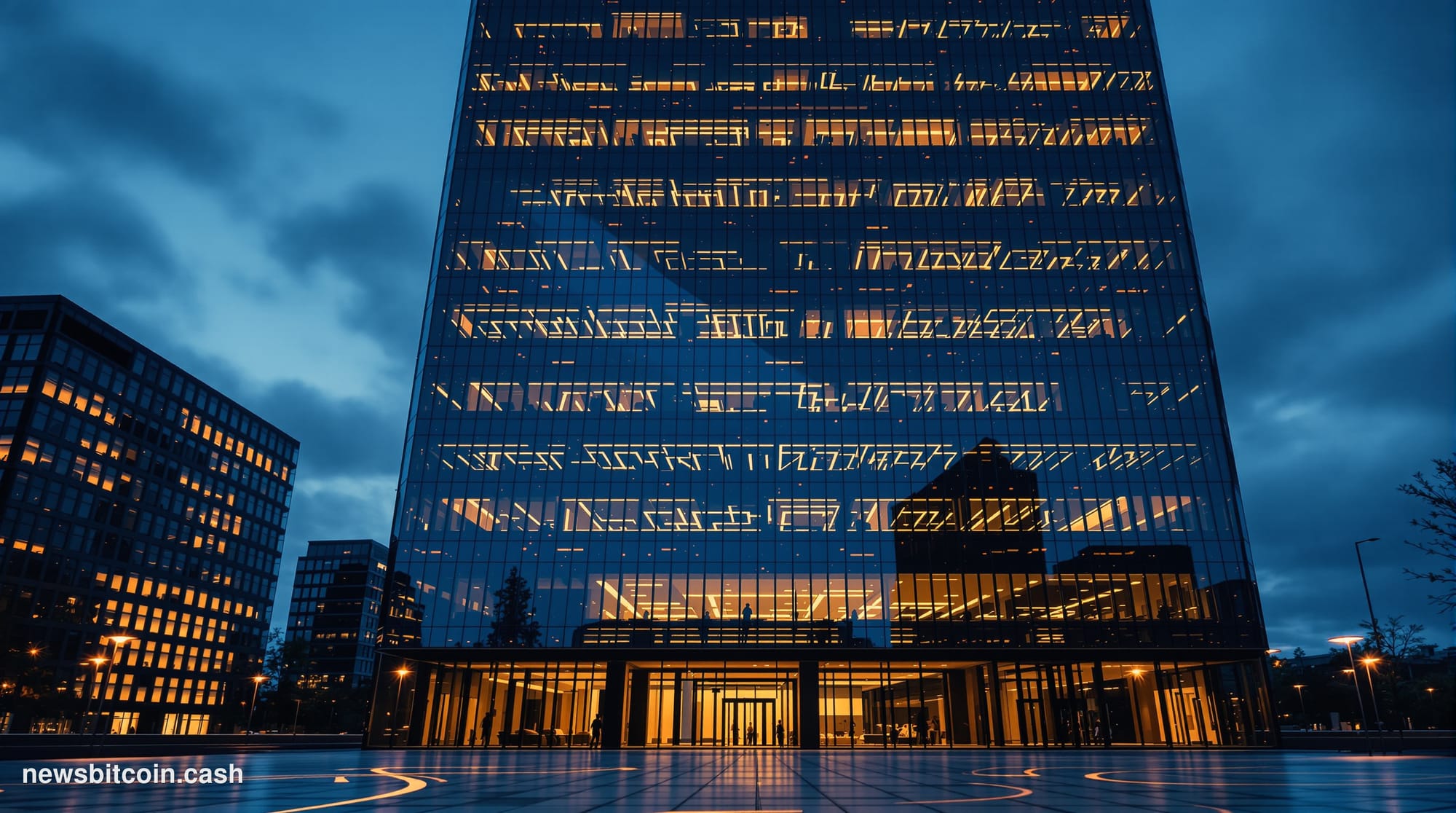 Cinematic photorealistic editorial photograph of a towering corporate headquarters building at dusk, its glass facade reflect