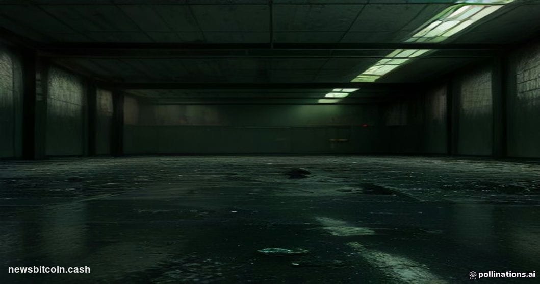 A cinematic photorealistic editorial photograph of a charred and cracked concrete floor inside a sleek, modern financial trad