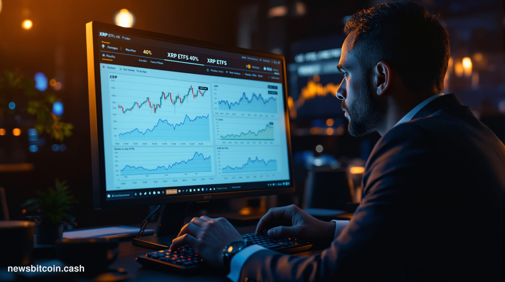 Cinematic photorealistic editorial photograph of a large digital trading floor display screen showing an upward-trending ETF 